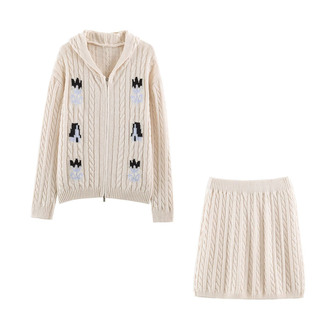 Damen Zweiteiliges Strick-Set mit Zipper-Kapuzenjacke und kurzem Zopfmuster-Rock Shop Nory