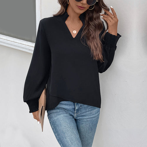 Damen Leichte Viskosebluse mit gerafftem Stehkragen, V‑Ausschnitt und Smokbündchen Shop Nory