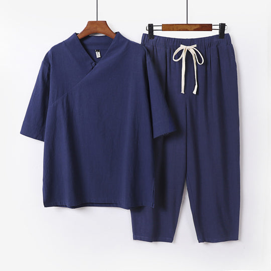 Herren Atmungsaktives Leinen-Baumwoll Lounge-Set mit asymmetrischem V-Kragen und elastischer Kordelhose Shop Nory