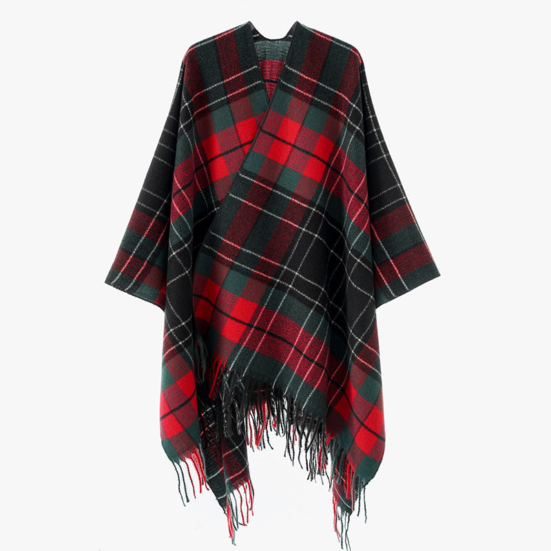 Damen Oversize-Kimono-Capeponcho im Karomuster mit Fransensaum Shop Nory