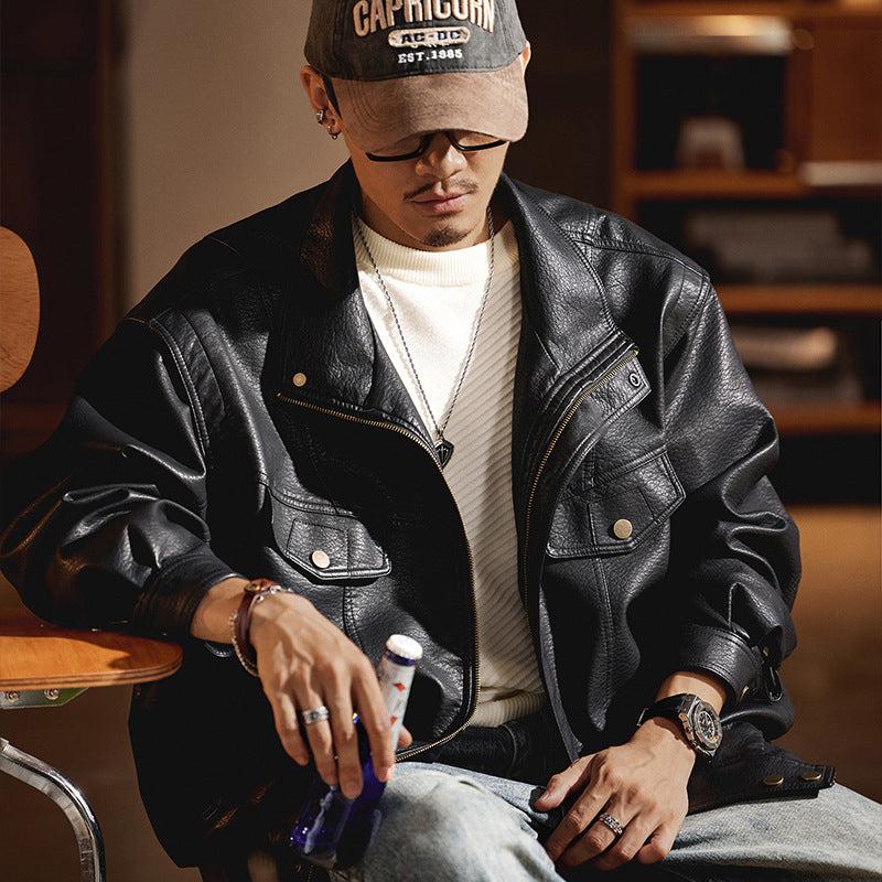 Herren Oversized Kunstlederjacke im Worker-Look mit Pattentaschen Shop Nory