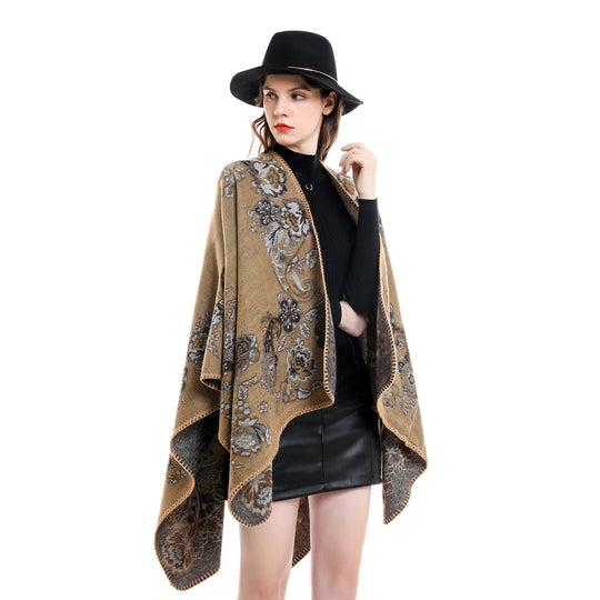Damen Reversibler Strick-Umhang mit floraler Jacquard‑Webung und Zierkettelnaht Shop Nory
