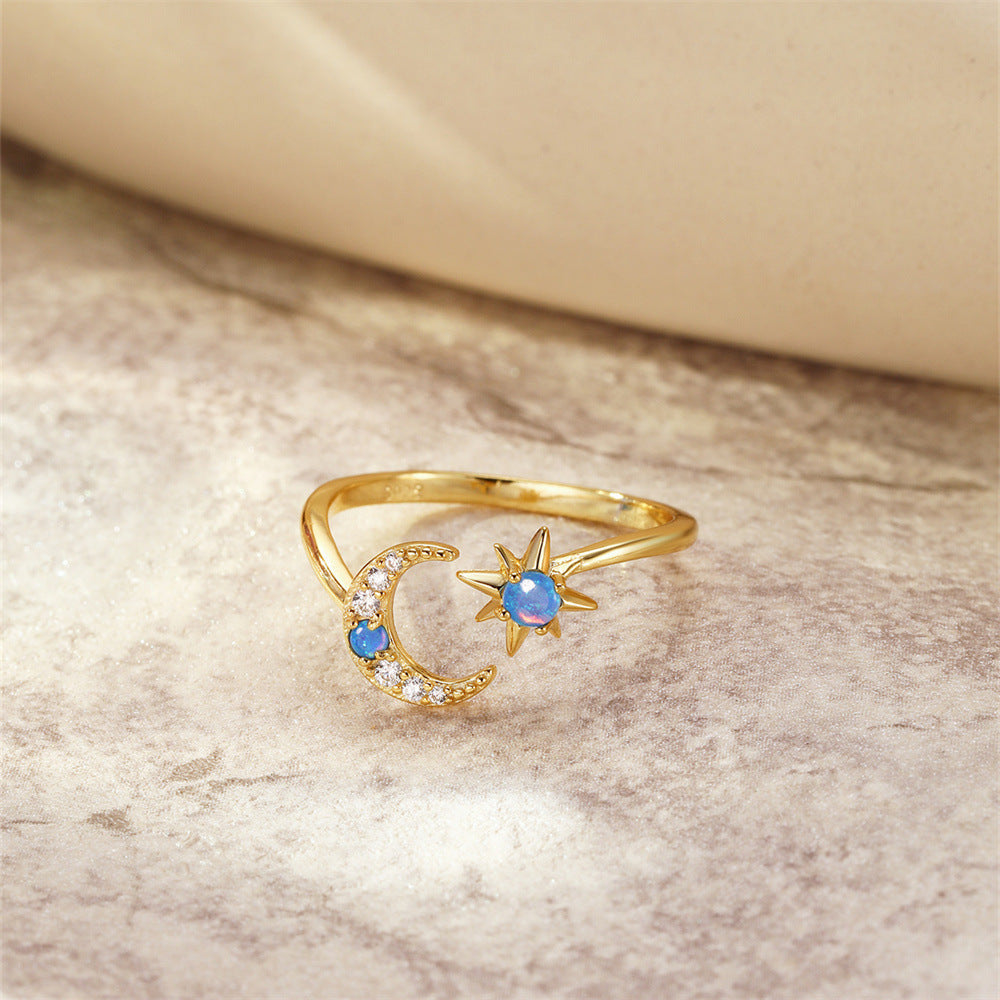 S925 Sterling Silber Stern Mond Eingelassene Opal Zwillings-Halskette Verstellbare Ring Set   Heiße Verkaufs Schmuck | Shop Nory