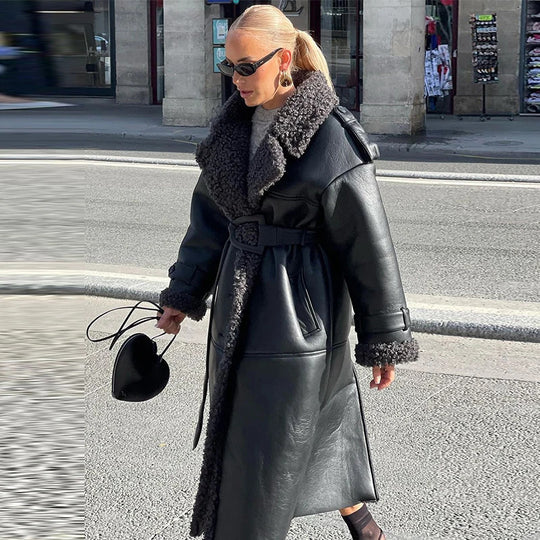 Damen Oversize Lammfellmantel mit Gürtel und Teddyfutter Shop Nory