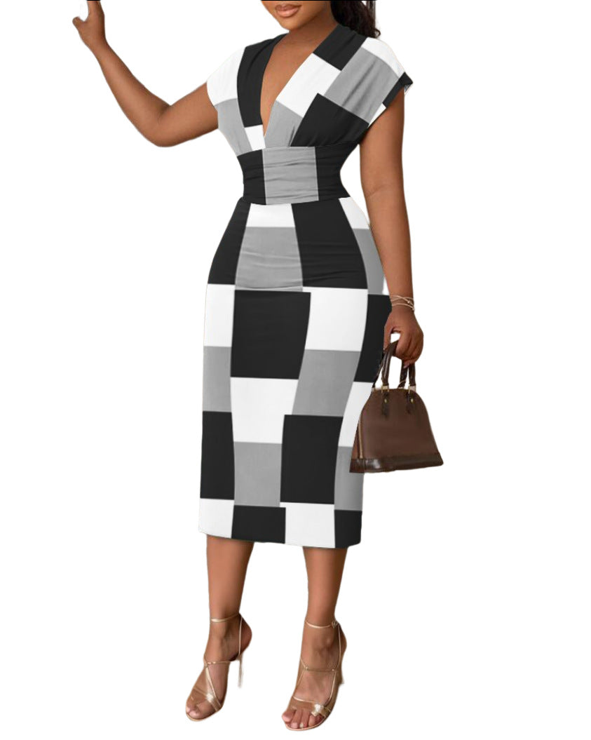 Damen Midi-Kleid mit modernem abstraktem Streifenmuster