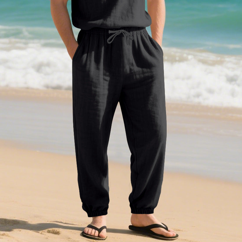 Herren nan leichte Leinenhose mit elastischem Tunnelzugbund, seitentaschen und gesmokten Bündchen Shop Nory