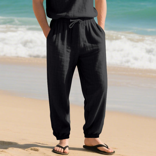 Herren nan leichte Leinenhose mit elastischem Tunnelzugbund, seitentaschen und gesmokten Bündchen Shop Nory