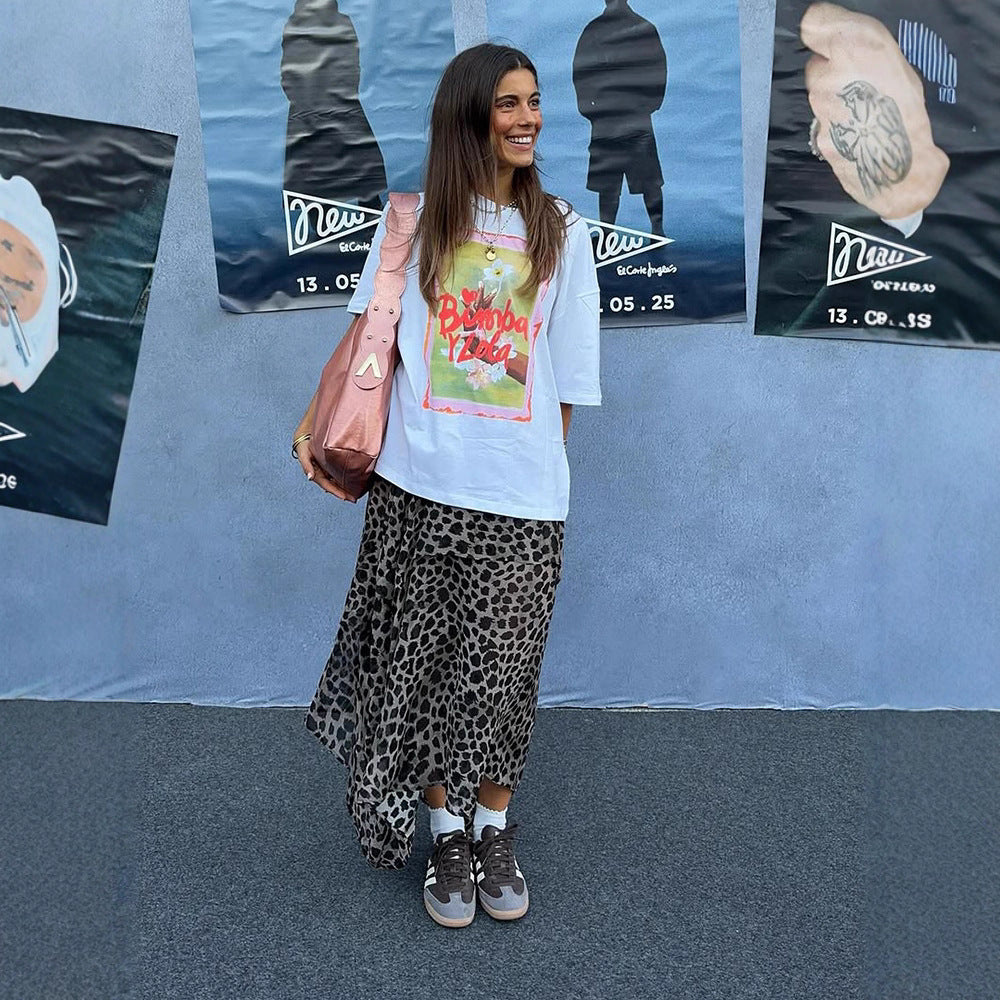 Damen Leichter Chiffon‑Midirock mit asymmetrischem Saum & Leo‑Print Shop Nory