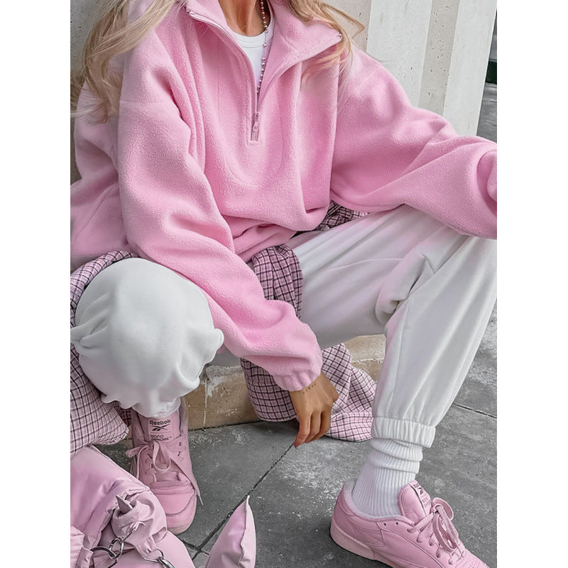 Damen Oversized Fleecepullover mit halbem Reißverschluss und Stehkragen Shop Nory
