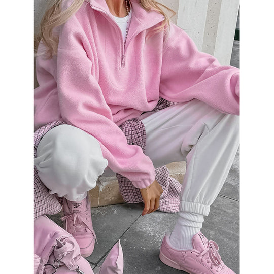 Damen Oversized Fleecepullover mit halbem Reißverschluss und Stehkragen Shop Nory