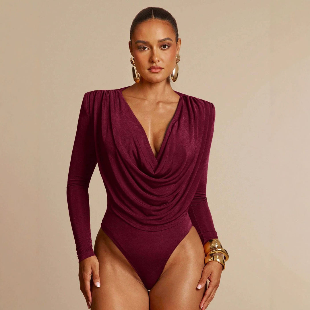 Damen Drapiertes Body mit Wasserfallausschnitt, gerafften Schultern und langen Ärmeln Shop Nory