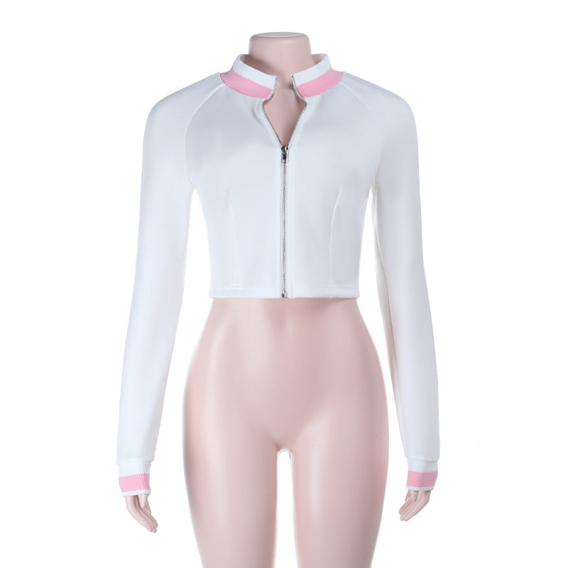 Damen Kurz geschnittene taillierte Zip-Jacke mit kontrastiertem Stehkragen Shop Nory