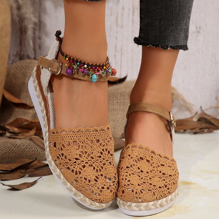 Damen Espadrille-Sandalen mit filigranem Häkel-Design und elastischem Knöchelriemen