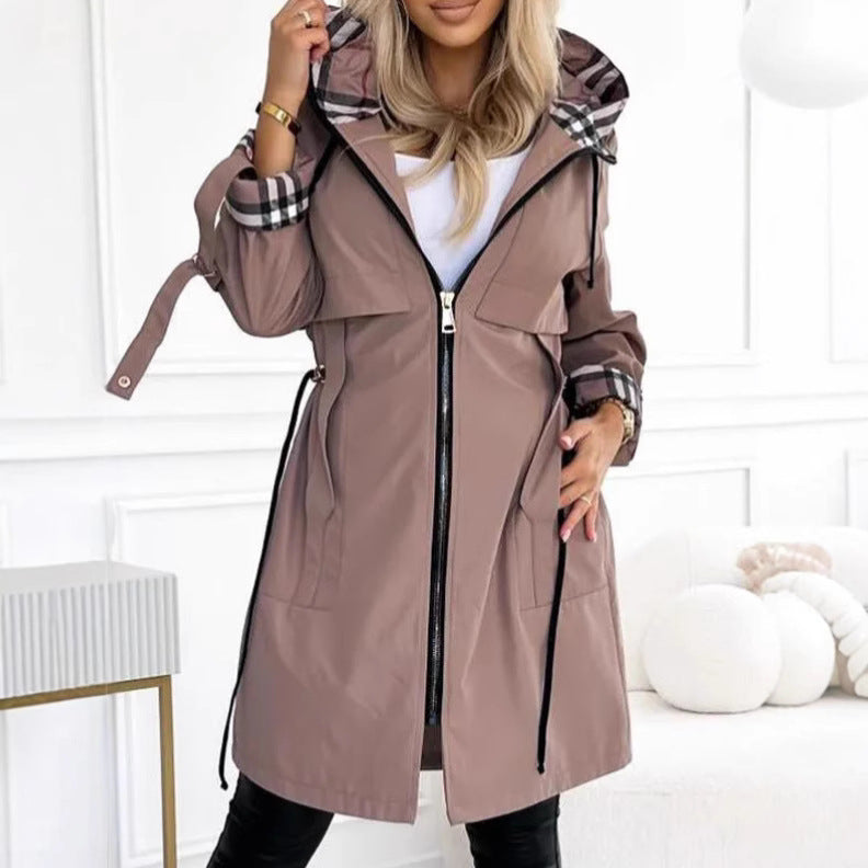 Damen nan taillierter Regenparka mit Kapuze kariert gefütterter Innenkragen und Tunnelzug Shop Nory