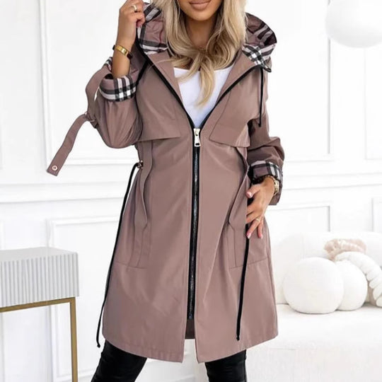 Damen nan taillierter Regenparka mit Kapuze kariert gefütterter Innenkragen und Tunnelzug Shop Nory