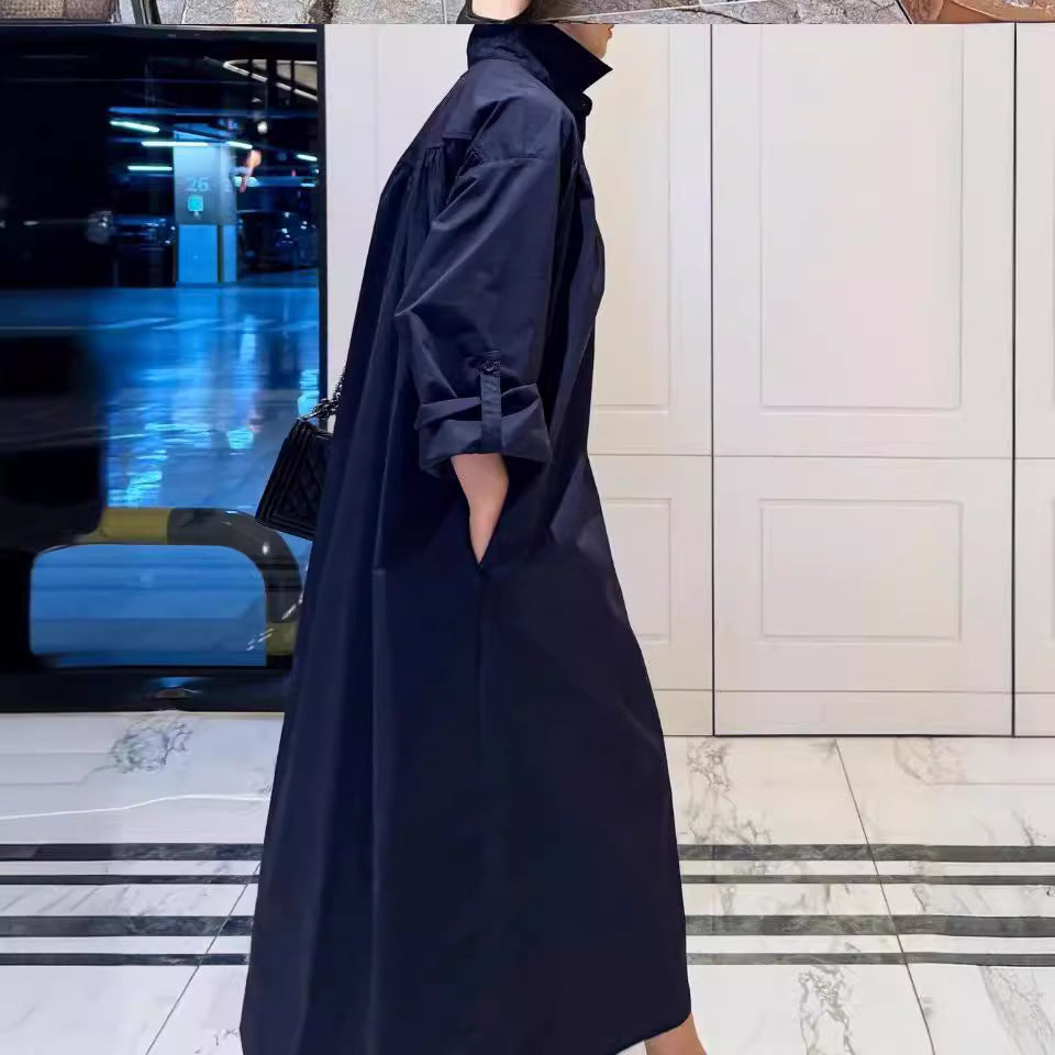 Damen Langes Boxy-Hemdblusenkleid mit hohem Stehkragen und verdeckter Knopfleiste Shop Nory