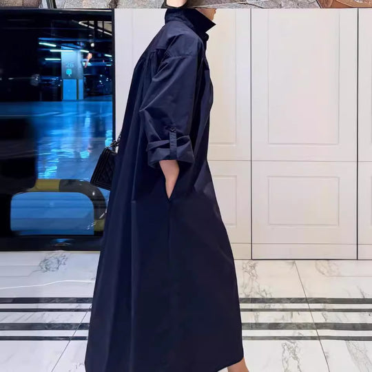 Damen Langes Boxy-Hemdblusenkleid mit hohem Stehkragen und verdeckter Knopfleiste Shop Nory