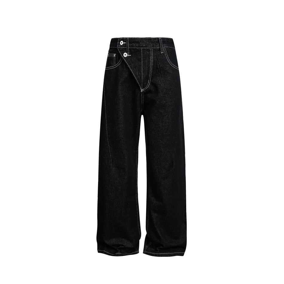 Damen High‑Waist weite Denim‑Hose mit asymmetrischer Knopfleiste und Kontrastnähten Shop Nory
