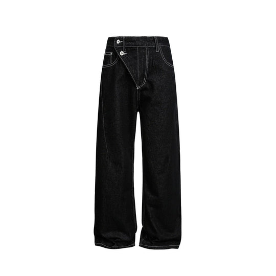 Damen High‑Waist weite Denim‑Hose mit asymmetrischer Knopfleiste und Kontrastnähten Shop Nory