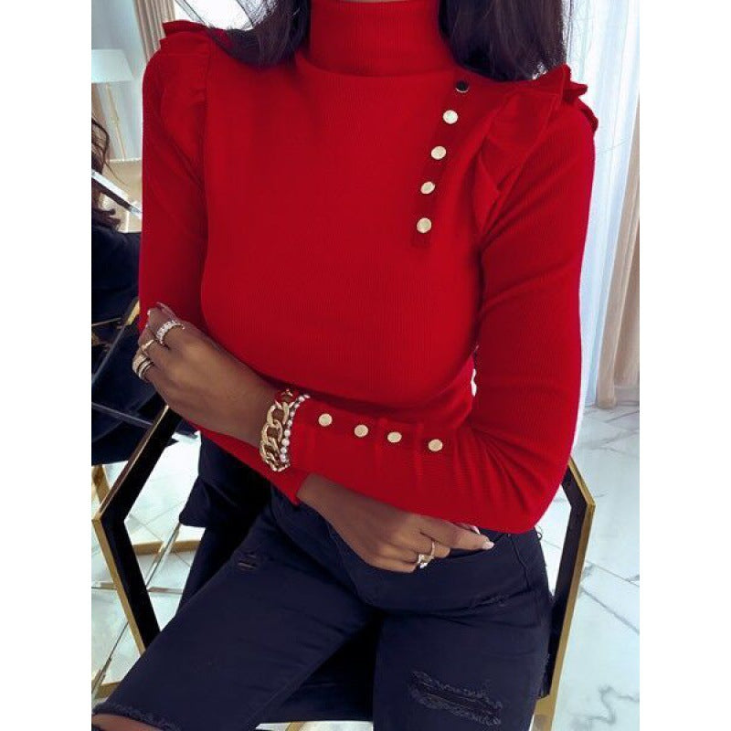 Damen Gerippter Rollkragenpullover mit Rüschenschultern und Zierknöpfen Shop Nory