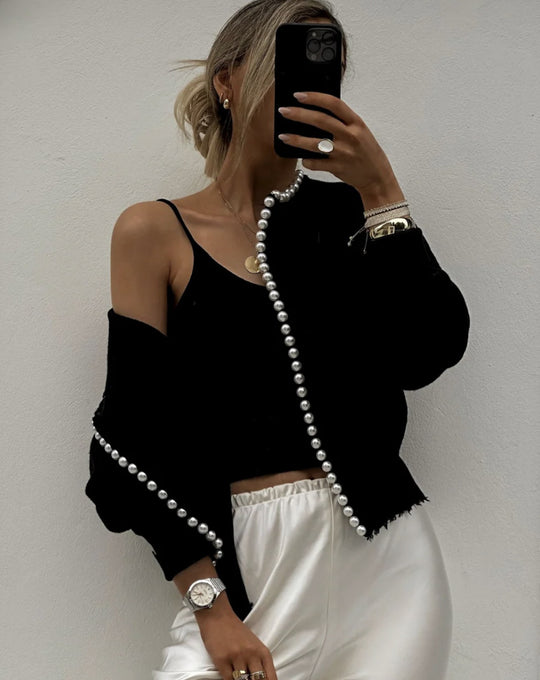 Damen Perlenverzierter Feinstrick-Cardigan mit Ballonärmeln Shop Nory
