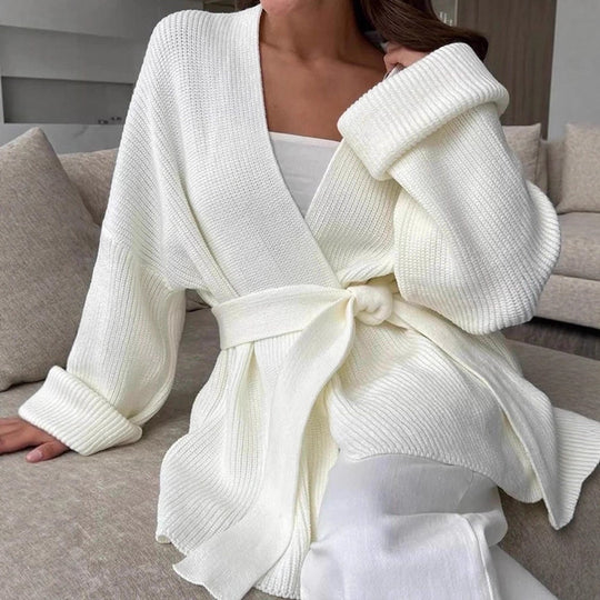 Damen Oversize Strickmantel mit Bindegürtel und geripptem Feinstrick Shop Nory