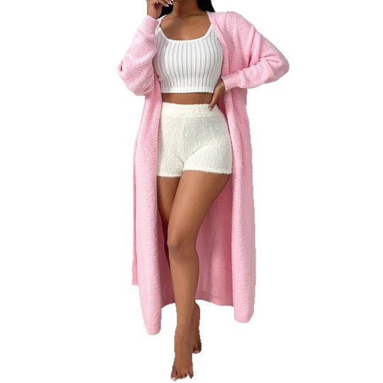 Damen Langer Wickel-Cardigan in Flausch-Optik mit Bindegürtel Shop Nory