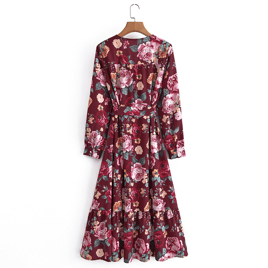 Damen Wickel-Maxikleid mit V-Ausschnitt, Taillengürtel und Stufensaum Shop Nory