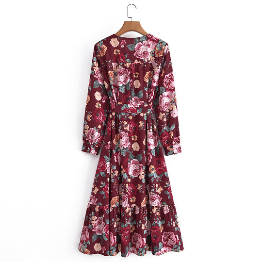 Damen Wickel-Maxikleid mit V-Ausschnitt, Taillengürtel und Stufensaum Shop Nory