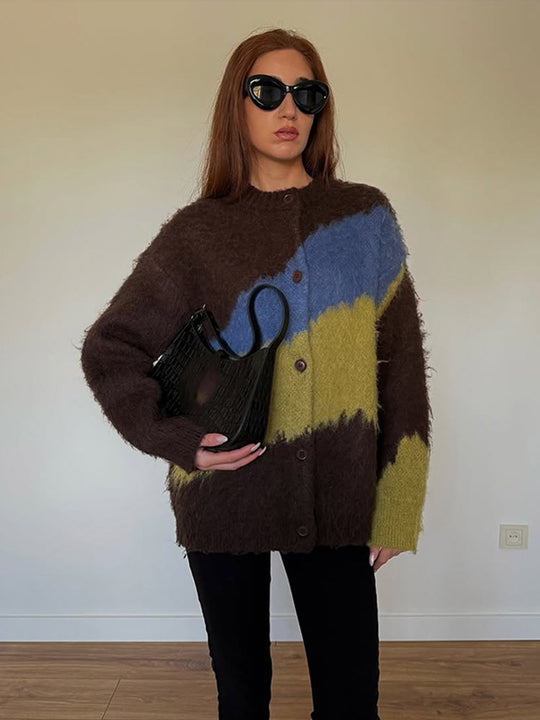 Damen Oversize Mohair-Blend Cardigan mit abstraktem Farbblock und Knopfleiste Shop Nory