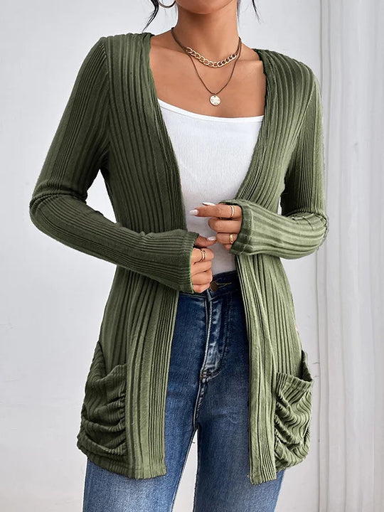 Damen Gerippter Langcardigan mit offener Front, Eingrifftaschen und legerer Passform Shop Nory