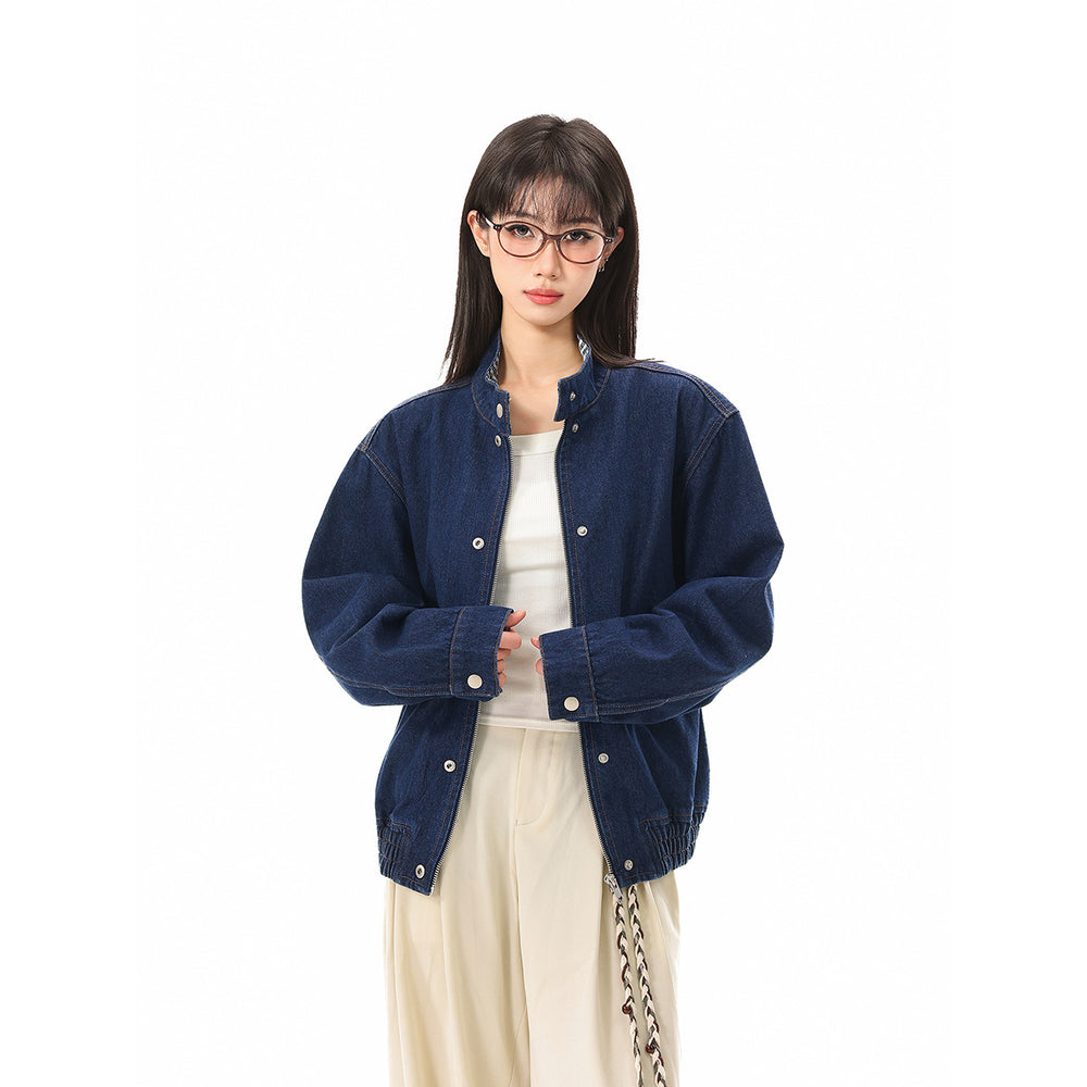 Unisex Boxy-Jeansblousonjacke mit Karo-Futter, Stehkragen und Pattentaschen Shop Nory