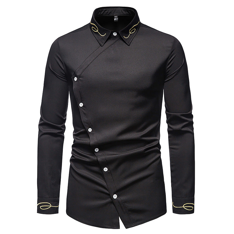 Herren Elegantes Langarmhemd mit asymmetrischem Knopfdesign und gesticktem Kragen