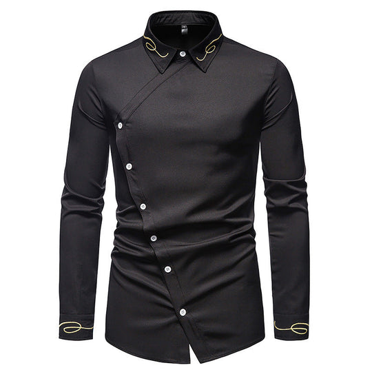 Herren Elegantes Langarmhemd mit asymmetrischem Knopfdesign und gesticktem Kragen