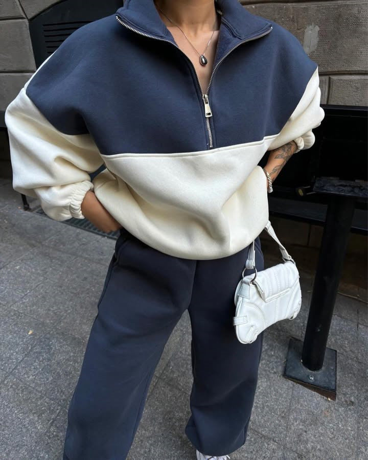 Damen Oversized Zweifarbiges Half-Zip Loungewear-Set mit Stehkragen und weitem Palazzo-Jogger Shop Nory