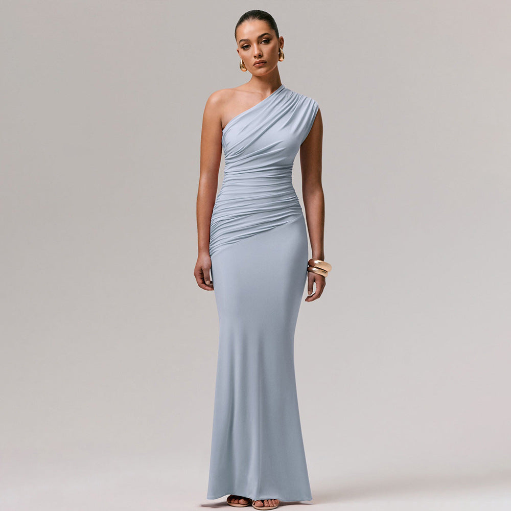 Damen Langarm-Maxikleid mit asymmetrischem Schnitt und raffinierten Drapierungen Shopnory