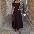 Damen Off-Shoulder Maxikleid mit Taschen und eleganter Silhouette Shopnory