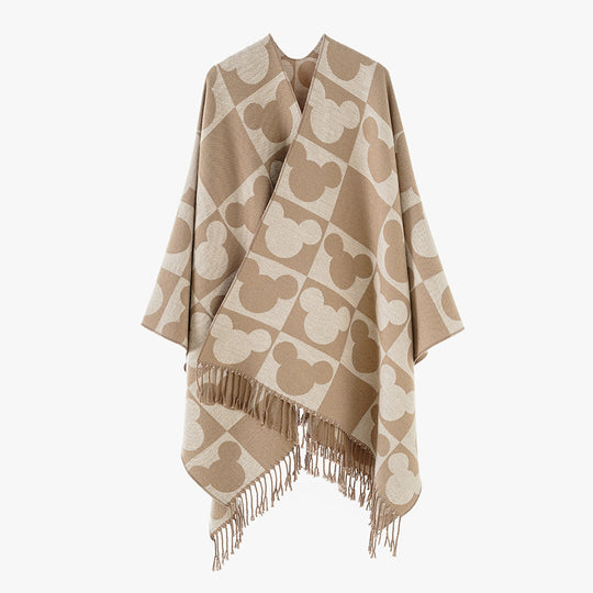 Damen Jacquard‑Überwurfponcho mit figurativem Kopf‑Silhouetten‑Muster, Fransen und offenem Fall Shop Nory