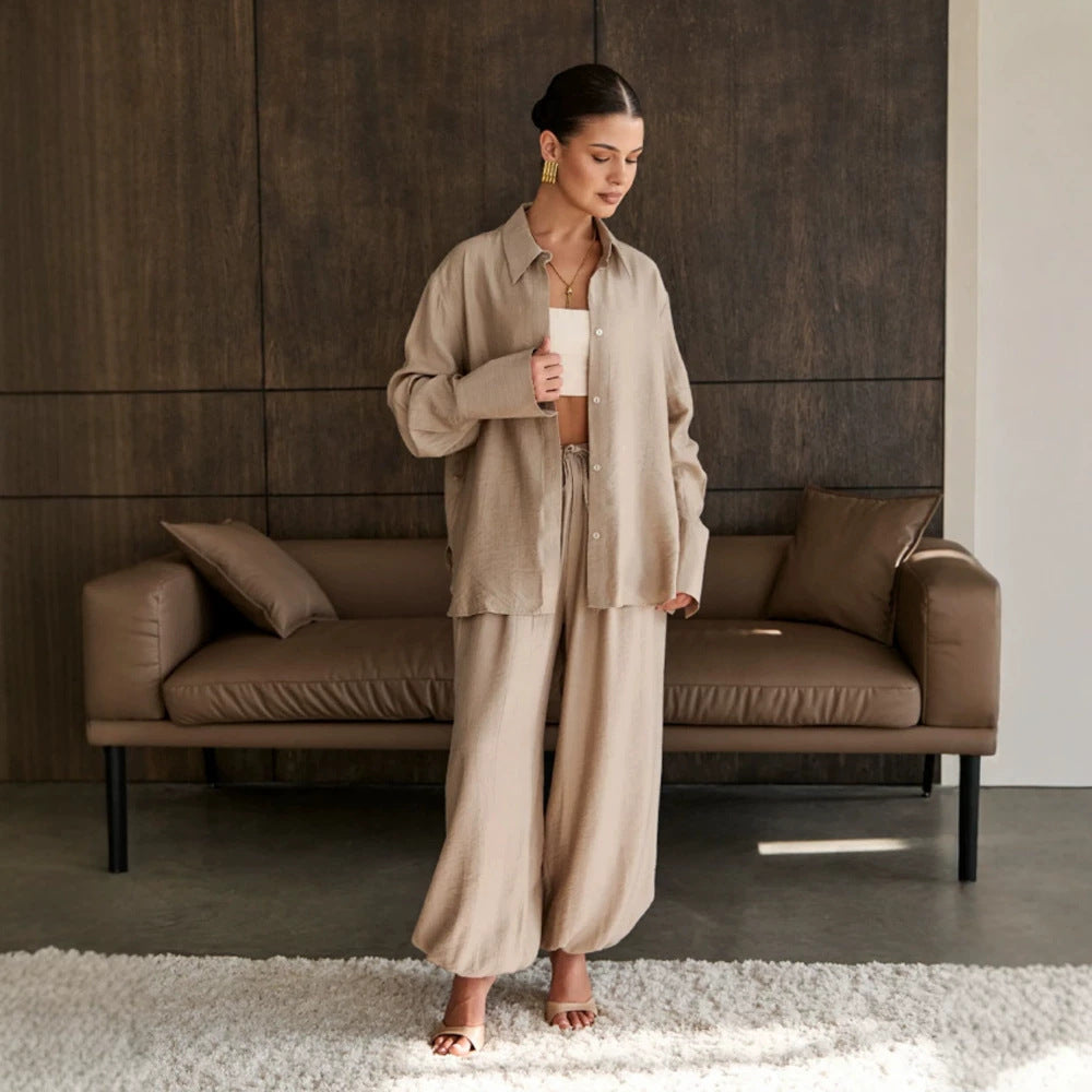 Damen Lässig-elegantes Hemd- und Hosen-Set mit Tunnelzug, Gummibund und weitem Bein Shop Nory