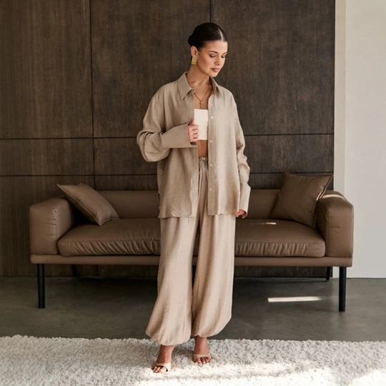 Damen Lässig-elegantes Hemd- und Hosen-Set mit Tunnelzug, Gummibund und weitem Bein Shop Nory