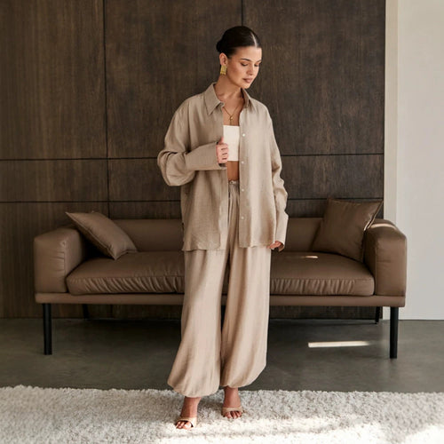 Damen Lässig-elegantes Hemd- und Hosen-Set mit Tunnelzug, Gummibund und weitem Bein Shop Nory