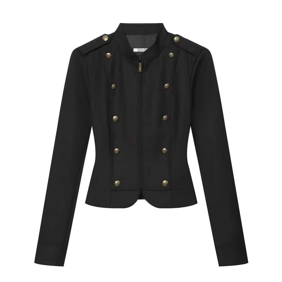 Damen Taillierte Kurzjacke im Militärstil mit Stehkragen und Zierknöpfen Shop Nory