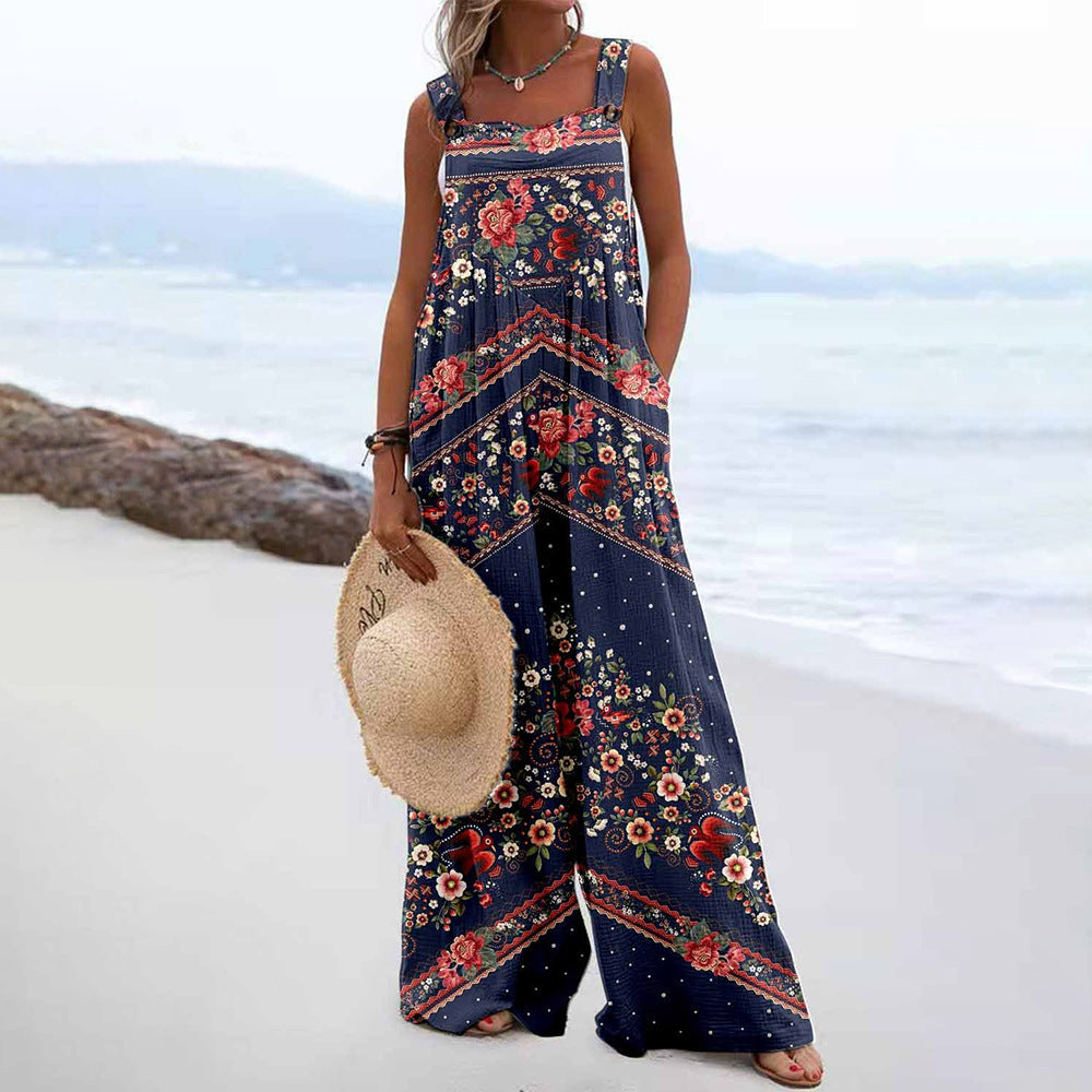 Damen Weit geschnittene Latzhose mit floralem Muster und praktischen Taschen Shopnory