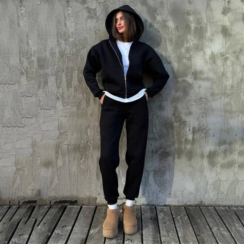 Damen kurzes Zip-Hoodie und hochtaillierte Komfort-Jogginghose-Set aus weichem Fleece Shop Nory
