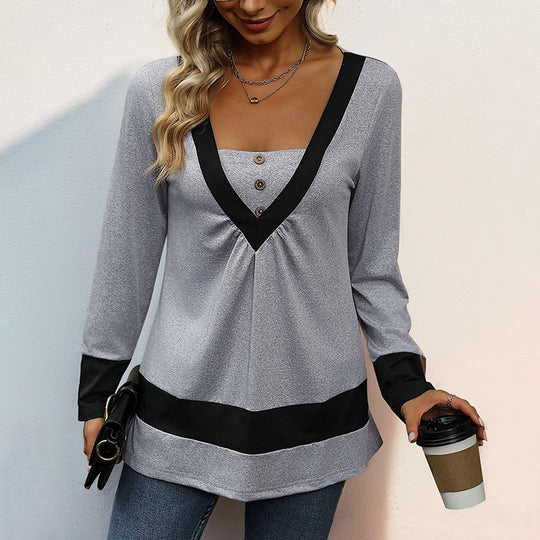 Damen Longsleeve mit tiefem V-Ausschnitt, Zierknopfleiste und Kontrastbordüren Shop Nory