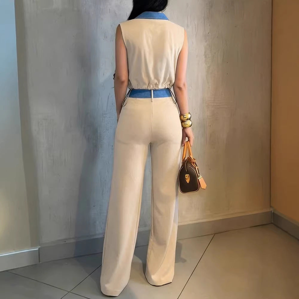 Damen Zweiteiliges Set mit Ärmellosem Jeans-Croptop und hochtaillierter Weitbein-Hose Shop Nory