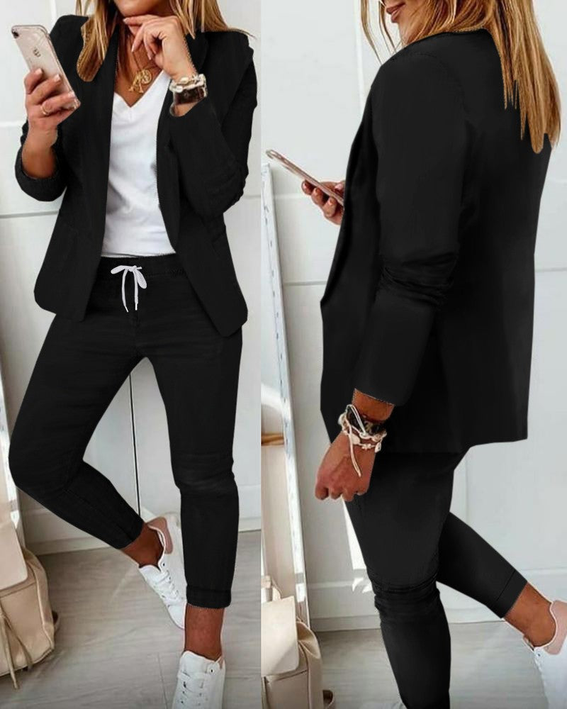 Damen nan Smart-Casual Blazer-Set mit offenem Longblazer und tapered Jogpant mit Kordelzug Shop Nory