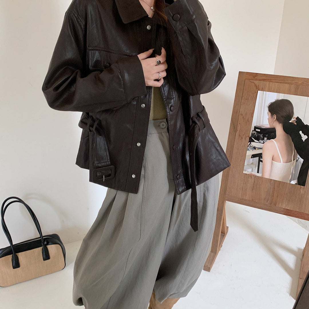 Damen Kurze Oversize-Lederjacke mit Taillenzug und Druckknopfleiste Shop Nory