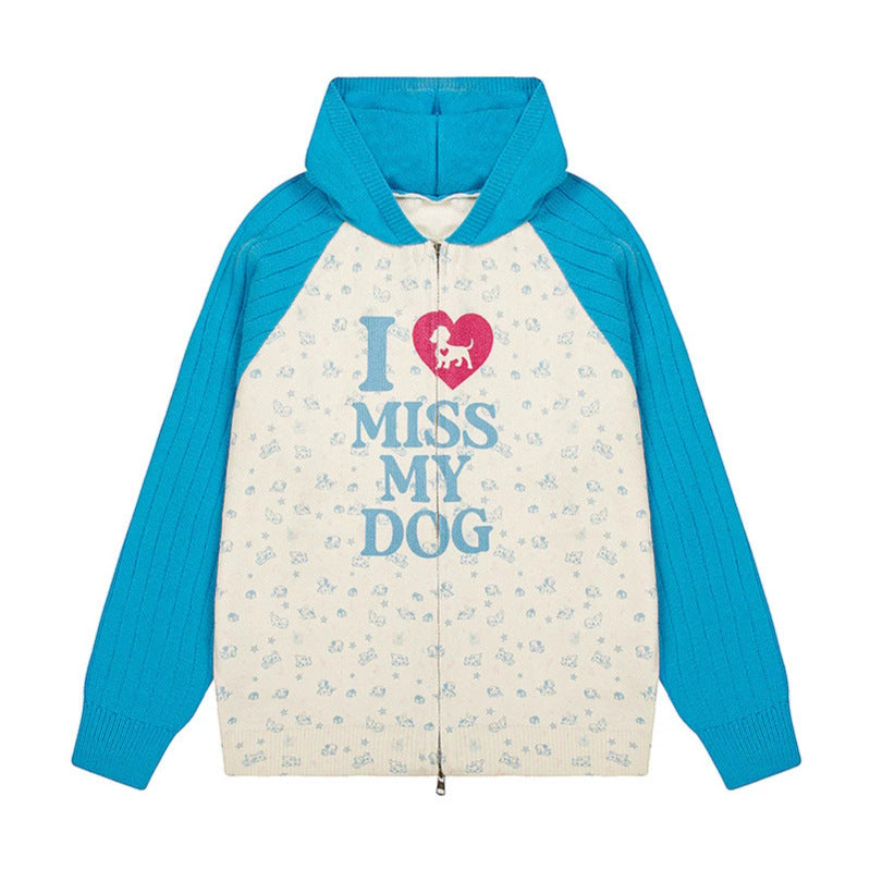 Damen Kapuzen‑Strickjacke mit durchgehendem Reißverschluss, gerippten Ärmeln und Hunde‑Statement‑Print Shop Nory