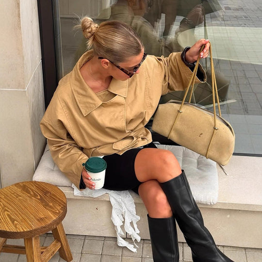 Damen Kurze Taillierte Canvas-Jacke mit Bindegürtel und überschnittenen Schultern Shop Nory